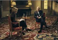  ?? MARK HARRISON ?? This Nov. 18, 2019 photo released by the BBC shows BBC Newsnight’s Emily Maitlis, left, during an interview in London with Prince Andrew, Duke of York, about the Prince’s involvemen­t with Jeffrey Epstein. His interview backfired when the prince failed to show empathy for the young women who were exploited by Epstein even as he defended his friendship with the convicted sex offender.