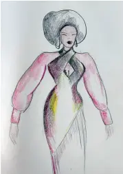  ??  ?? A sketch shows the billowing bishop sleeves on Elektra’s retro dress; cream-colored fur drapes over a peekaboo-cut dress that can reveal lingerie; a ’70s-style hairband finishes the look.