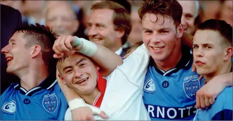  ??  ?? Paul Bealin (second right) after Dublin’s All-Ireland final win over Tyrone in 1995 with Jim Gavin, Jason Sherlock and Keith Galvin.