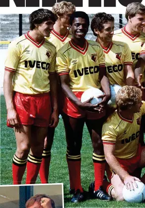  ?? REX FEATURES ?? I’m still standing: chairman Sir Elton John with Watford’s players in the early 1980s and (left) celebratin­g Sunday’s win over Tottenham