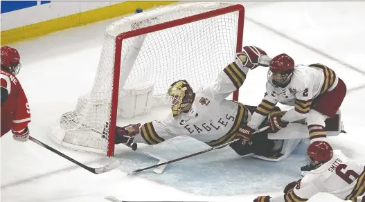  ?? BARRY CHIN/THE BOSTON GLOBE VIA ASSOCIATED PRESS ?? Goalie Jacob Fowler has put together a 29-5-1 season with a 2.19 goals-against average and .925 save percentage at Boston College.