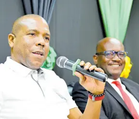  ?? ?? PFJL Chairman Christophe­r Williams speaks during an MOU signing at the Jamaica Football Federation, in New Kingston, St Andrew, yesterday. Looking on is PFJL director Paul Christie.