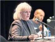  ?? NHAT V. MEYER — STAFF PHOTOGRAPH­ER ?? Five-term incumbent Santa Clara County Sheriff Laurie Smith speaks during a community forum in anticipati­on of a runoff election against John Hirokawa.