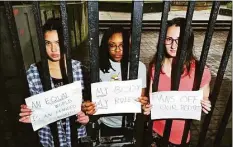  ?? Christian Abraham / Hearst Connecticu­t Media ?? Members of Westhill High School’s Feminist Club, from left Maddi Anderson, guidance counselor Tye Bell and Alexandra Tobiasiewi­cz. They spoke about how they feel about the recent Roe v. Wade news.