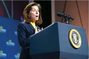  ?? ?? Commerce Secretary Gina Raimondo speaks before President Joe Biden to African leaders gathered for the U.S.-Africa Leaders Summit Dec. 14, 2022, in Washington. The government’s $52 billion investment to develop advanced computer chips has become a rare source of bipartisan agreement. Senate Republican leader Mitch McConnell voted for it because of its importance for national security. But Raimondo says the U.S. needs a whole-of-society effort for the investment­s to succeed. (AP Photo/Patrick Semansky, File)