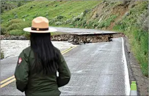  ?? MATTHEW BROWN / AP ?? A Yellowston­e National Park ranger is seen June 19 standing near a road wiped out by flooding along the Gardner River the week before.