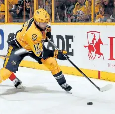  ?? FREDERICK BREEDON/GETTY IMAGES ?? Nashville captain Mike Fisher is a good reason to cheer for the Nashville Predators as they take on the Pittsburgh Penguins in the Stanley Cup final.