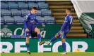  ??  ?? Harvey Barnes of Leicester City celebrates with teammate Youri Tielemans, touching boots to maintain social distancing measures. Photograph: Getty Images