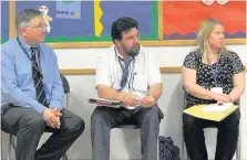  ??  ?? Under pressure Tense- looking council officers John Stokes, Ian Bennie and Lorna Hunter, above. Meeting in full swing, below