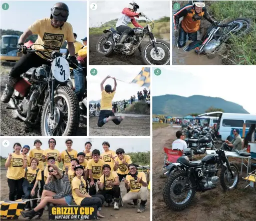  ??  ?? 1 Shinya with his Triumph 1939 T100 formerly raced by Johnson Motors 2 Triumphs performed well, especially the 500cc unit models 3 Heavy rain before race day had left some ponds to trap the unwary 4 Exuberant flag girls are a must at these events 5...