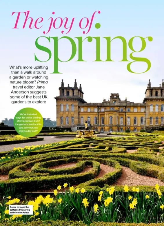  ??  ?? We’ve included stays for those visiting after lockdown but if the gardens are local to you, why not just enjoy a day out?*
Dance through the daffodils this spring at Blenheim Palace