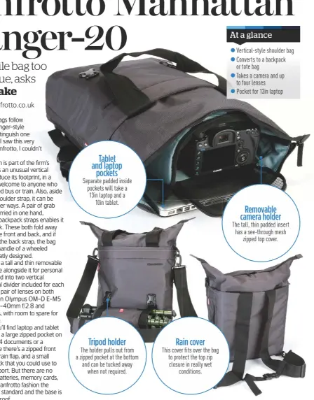  ??  ?? Tablet and laptop pockets Separate padded inside pockets will take a 13in laptop and a 10in tablet. Tripod holder The holder pulls out from a zipped pocket at the bottom and can be tucked away when not required. Rain cover This cover fits over the bag...
