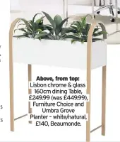  ??  ?? Above, from top: Lisbon chrome & glass
Furniture Choice and
Umbra Grove Planter – white/natural,