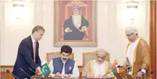  ??  ?? Dr Yahya bin Mahfoudh al Mantheri, Chairman of the State Council and Muhammad Sadiq Sanjrani, Pakistan Senate Chairman, signing the MOU at Council of Oman premises on Monday.
