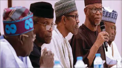  ??  ?? Tinubu, Osinbajo, Buhari, Oyegun and Saraki at the APC Caucus meeting