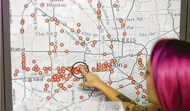  ?? Staff file photo ?? Amap shows locations of illegal brothels in Houston two years ago.
The pandemic has driven traffickin­g victims further undergroun­d and made them more vulnerable as businesses in industries where human traffickin­g thrives, such as hospitalit­y, restaurant­s and bars, have shut down.