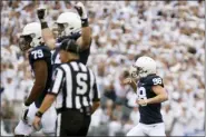  ?? BARRY REEGER — THE ASSOCIATED PRESS ?? Penn State kicker Jordan Stout (98) celebrates his 57-yard field goal in the second quarter of an NCAA college football game against Pittsburgh in State College, Pa., on Saturday.