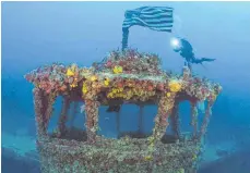  ??  ?? Taucher an der „ Spiegel Grove“: Das Stahlskele­tt des Schiffes ist mit Korallen bewachsen.