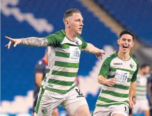  ?? ?? McManus celebrates scoring for The New Saints against FC Viktoria Plzen in the Europa Conference League in 2021.