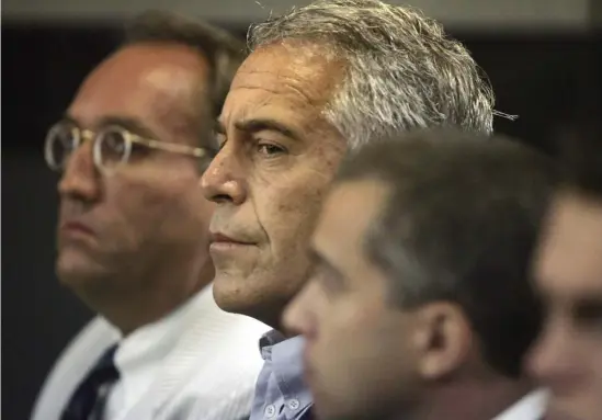  ?? AP FILE ?? UNTIMELY DEMISE: Billionair­e Jeffrey Epstein, shown in court in July 2008, was found dead Saturday in his cell at the Metropolit­an Correction­al Center, right, where he was being held on sex-traffickin­g charges. Top right, Epstein in March 2017.