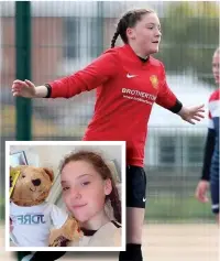  ??  ?? ●● Lily Metcalf f celebrates scoring for Lancashire and (inset) during her hospital stay