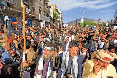  ?? (AFP) ?? Supporters of the Yemeni Huthi rebels take to the streets of the capital Sanaa to protest against the blockade imposed on their country by the Saudi coalition, on Friday