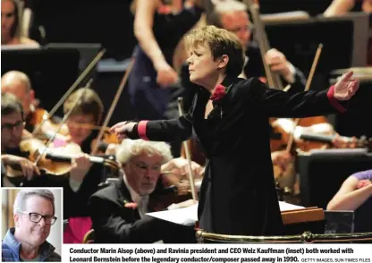  ?? GETTY IMAGES, SUN- TIMES FILES ?? Conductor Marin Alsop ( above) and Ravinia president and CEO Welz Kauffman ( inset) both worked with Leonard Bernstein before the legendary conductor/ composer passed away in 1990.