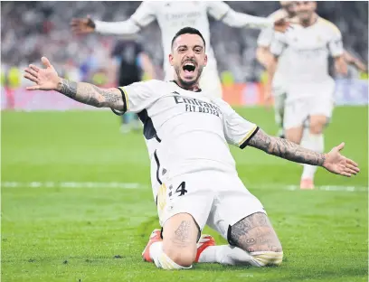  ?? Picture: Getty Images ?? PURE DELIGHT. Real Madrid’s Joselu celebrates scoring the winning goal in the second leg of their Champions League semifinal against Bayern Munich at the Santiago Bernabeu on Wednesday night.