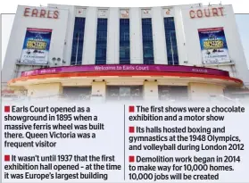  ??  ?? Earls Court opened as a showground in 1895 when a massive ferris wheel was built there. Queen Victoria was a frequent visitor
It wasn’t until 1937 that the first exhibition hall opened – at the time it was Europe’s largest building
The first shows...