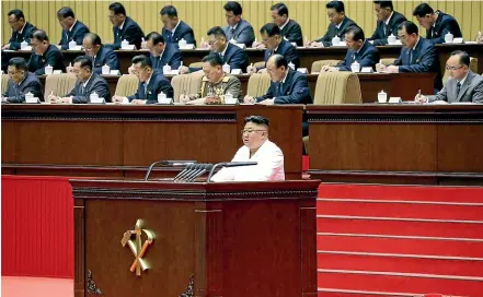  ?? AP ?? Kim Jong Un delivers an opening speech at a conference of the Worker Party cell secretarie­s in Pyongyang.