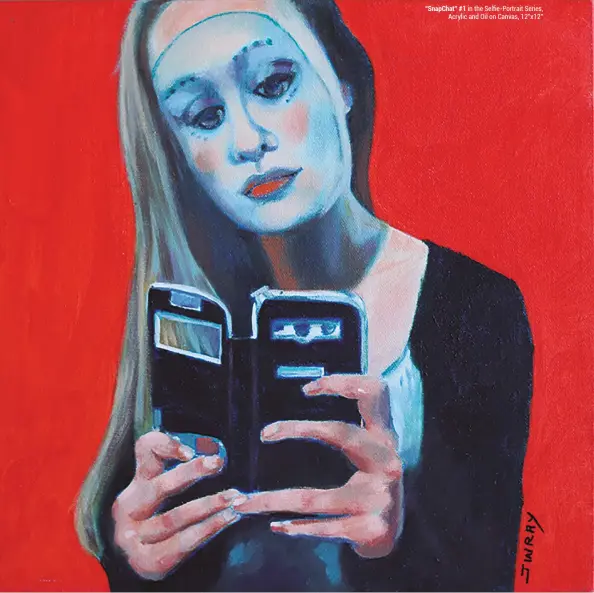  ??  ?? “SnapChat” #1 in the Selfie-Portrait Series, Acrylic and Oil on Canvas, 12”x12”