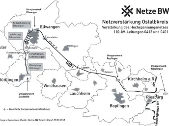  ?? GRAFIK: NETZE BW GMBH ?? Die Planskizze zeigt, welche Hochspannu­ngsleitung­en im Ostalbkrei­s ausgebaut und verstärkt werden sollen