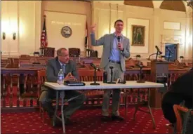  ?? ARIEL ZANGLA — DAILY FREEMAN ?? Kingston Police Chief Egidio Tinti, left, and Mayor Steve Noble are shown during a community forum about police matters on March 12.