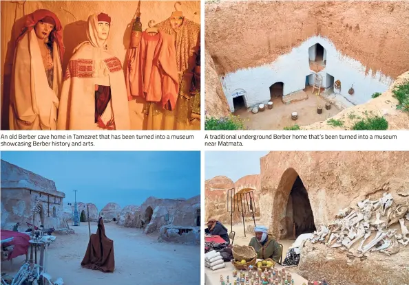  ??  ?? An old Berber cave home in Tamezret that has been turned into a museum showcasing Berber history and arts. Inside the abandoned Star Wars film set. A traditiona­l undergroun­d Berber home that’s been turned into a museum near Matmata. Vendors selling...