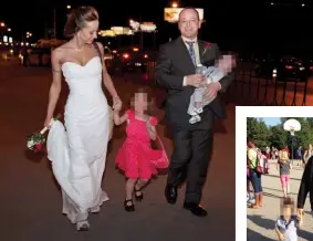  ??  ?? Above, the author with his wife and kids on his wedding night in 2012. At right, with his son at school in September 2013