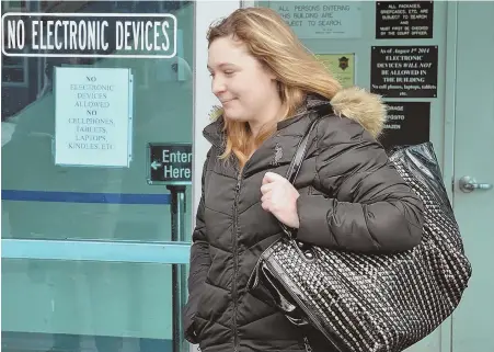  ?? STAFF FILE PHOTO BY CHRIS CHRISTO ?? ‘APPROPRIAT­E’ SENTENCE: Alli Bibaud is seen leaving Framingham District Court after a hearing on Jan. 12. Bibaud was granted a continuati­on without a finding after an admission of facts and will be placed on probation until January.