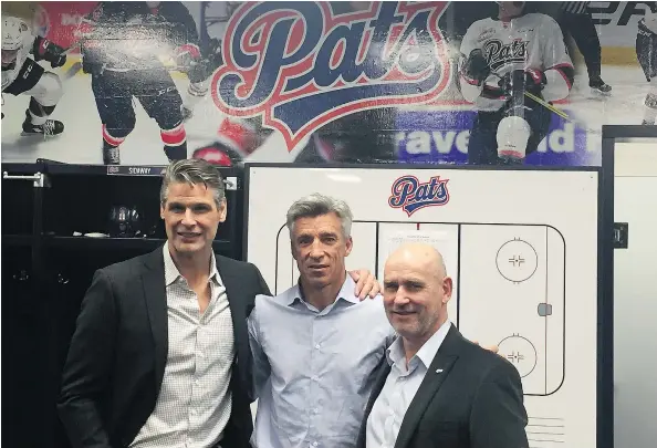  ?? QC PHOTO BY ROB VANSTONE ?? Former NHL players Stu Grimson (left), Geoff Courtnall and Ed Staniowski appeared at a Dec. 2 media gathering to promote the Regina Pats’ Homecoming Weekend.