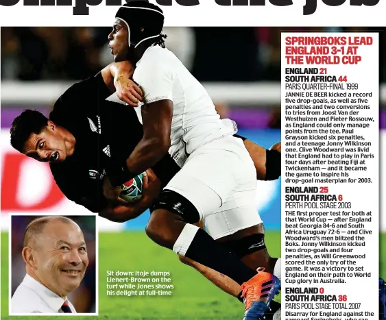  ??  ?? Sit down: Itoje dumps Lienert-Brown on the turf while Jones shows his delight at full-time