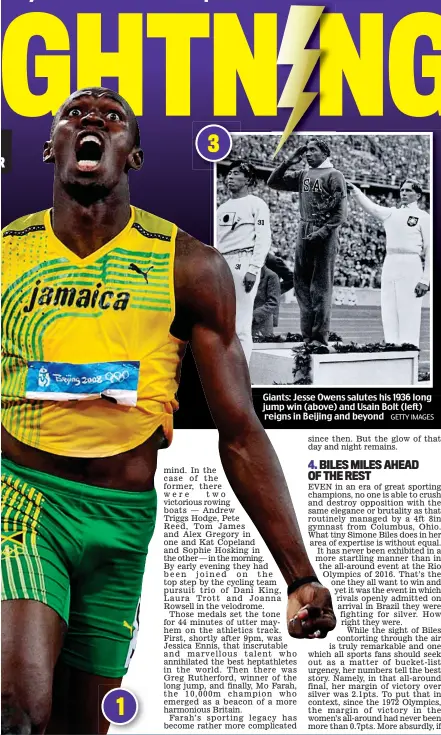  ?? GETTY IMAGES ?? Giants: Jesse Owens salutes his 1936 long jump win (above) and Usain Bolt (left) reigns in Beijing and beyond