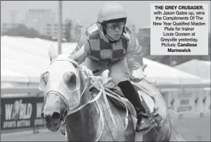  ??  ?? THE GREY CRUSADER, with Jason Gates up, wins the Compliment­s Of The New Year Qualified Maiden Plate for trainer Louis Goosen at Greyville yesterday. Picture: Candiese Marnewick