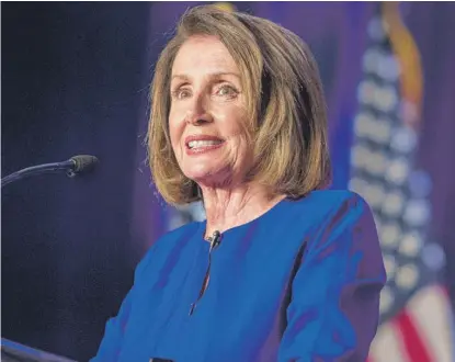  ?? ZACH GIBSON/GETTY IMAGES ?? House Minority Leader Nancy Pelosi, D-Calif., speaks at an election party at the Hyatt Regency in Washington. The possible next speaker of the House hailed “a new day in America” late Tuesday.