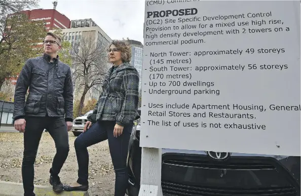  ?? ED KAISER ?? Downtown Edmonton Community League president Chris Buyze and Oliver Community League president Lisa Brown are questionin­g recent city decisions to allow constructi­on of tall towers on small parcels of land downtown. The huge projects, they fear, could leave other lots empty for decades.