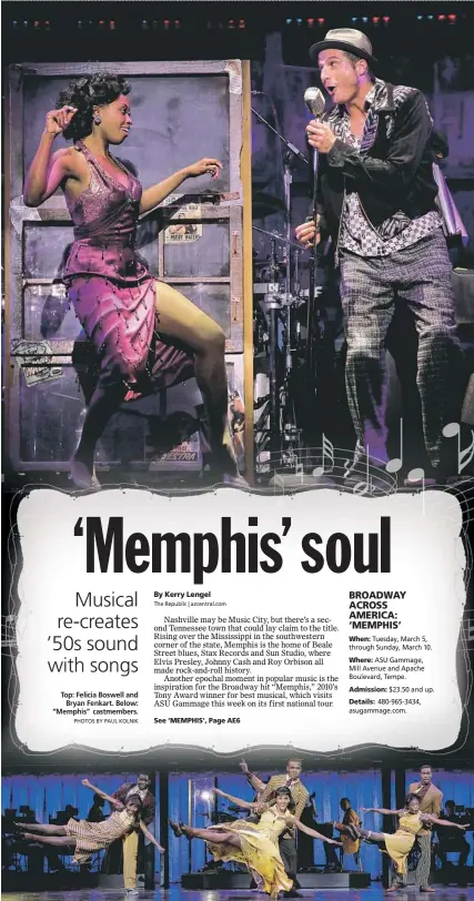  ?? PHOTOS BY PAUL KOLNIK
PAUL KOLNIK ?? Felicia Boswell as Felicia and Bryan Fenkart as Huey in Memphis National Tour Credit Photo: Paul Kolnik Top: Felicia Boswell and
Bryan Fenkart. Below: “Memphis” castmember­s.