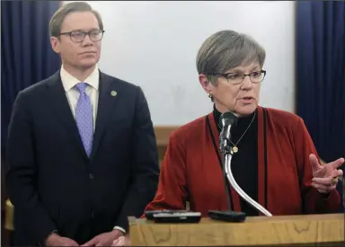 ?? (AP/John Hanna) ?? Kansas Gov. Laura Kelly discusses plans by Integra Technologi­es, of Wichita, Kan., to build a new, $1.8 billion semiconduc­tor factory, during a Thursday news conference at the Statehouse in Topeka.