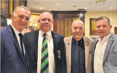  ??  ?? Kevin Ratcliffe and Lester Crabtree with Mark Warren, captain for 2018, and Rod Price captain elect