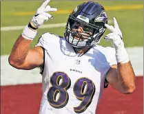  ?? Getty Images ?? NOTABLE ABSENCE: Baltimore tight end Mark Andrews, who is among the Ravens to contract COVID-19, is the team’s leading receiver.