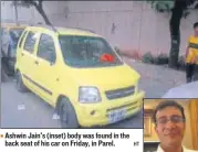  ?? HT ?? Ashwin Jain’s (inset) body was found in the back seat of his car on Friday, in Parel.