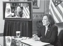  ?? Oliver Contreras / Bloomberg ?? Mexican President Andrés Manuel López Obrador and U.S. Vice President Kamala Harris confer on May 7. López Obrador’s quest for vaccines creates a diplomatic opportunit­y.