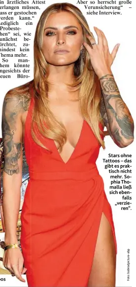  ??  ?? So könnte Michelange­los David heute ausschauen – überall Tattoos Stars ohne Tattoos – das gibt es praktisch nicht mehr. Sophia Thomalla ließ sich ebenfalls „ verzieren“.