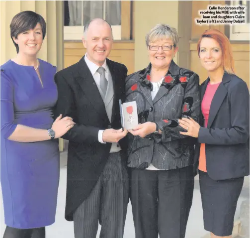  ??  ?? Colin Henderson after receiving his MBE with wife
Joan and daughters Claire Taylor (left) and Jenny Dalzell